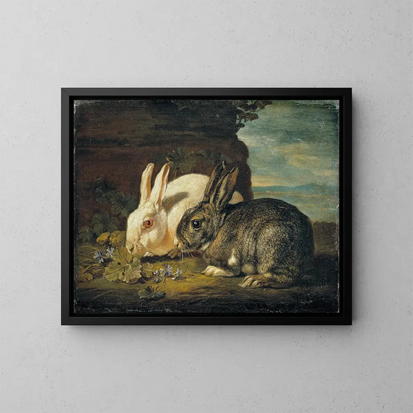 Twee konijnen - David de Coninck — ingelijst kunstwerk aan de muur