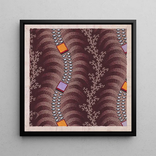 Design textile avec des bandes verticales ondulantes de carrés reliés par des perles en forme de lentille sur des feuilles de palmier stylisées ondulantes séparées par des guirlandes verticales de branches - Anonyme