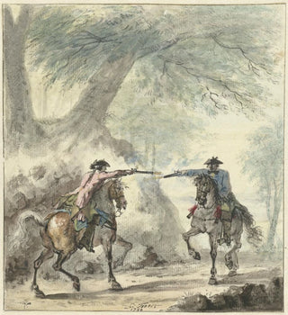 Deux cavaliers se rencontrant sur un chemin forestier et s'affrontant - Cornelis Troost