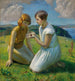 Twee jonge meisjes met een vlinder - Harold Harvey — weergave van het kunstwerk