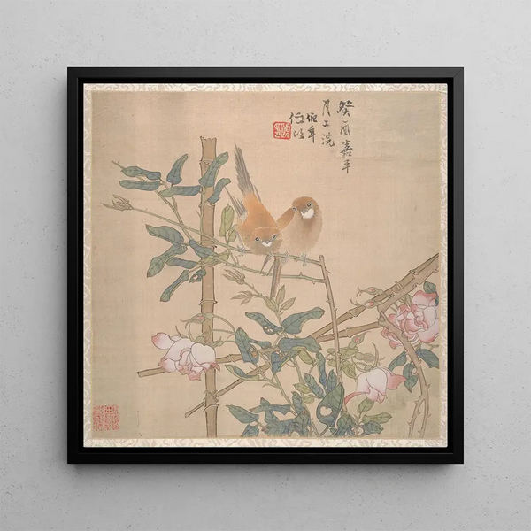 Deux oiseaux perchés sur un rosier en fleurs - Ren Yi