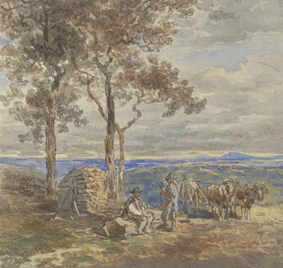 Deux paysans avec leur chariot tiré par des bœufs reposant dans un plateau à bois - Anton Burger