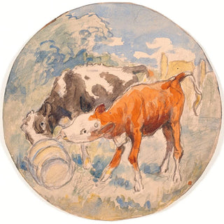Deux veaux dans la nature léchant une tache de lait esquisse pour un plat en céramique - Theodor Philipsen