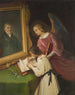 Meisje met een beschermengel die schrijft voor een geschilderd portret van de oprichter Ph. Merian - Dionys Ganter — weergave van het kunstwerk