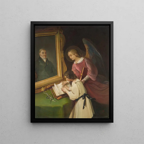 Dionys Ganter - Girl with a Guardian angel Writing in front of a Painting Portrait of the Founder Ph Merian.webp