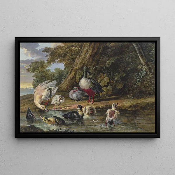 Dirck Dalens III - Zwei Enten mit ihren Jungen am Wasser.webp
