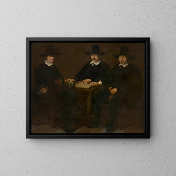 Drie regenten van het weeshuis van de stad Alkmaar - Dirck Metius — ingelijst kunstwerk aan de muur