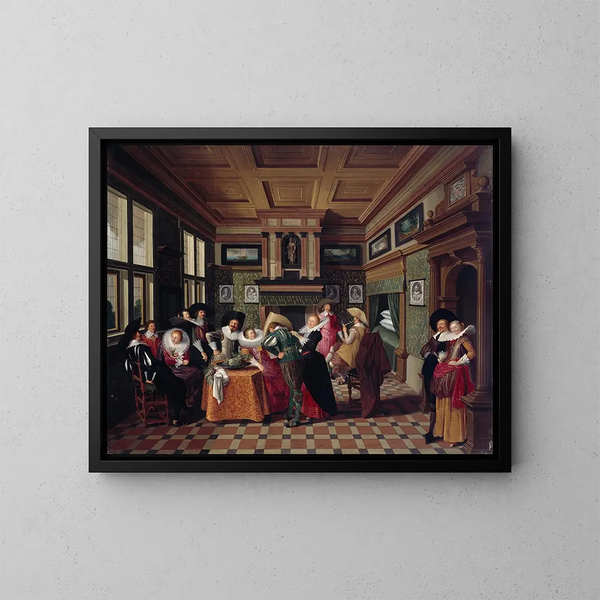 Een interieur met dames en ruiters - Dirck van Delen — ingelijst kunstwerk aan de muur