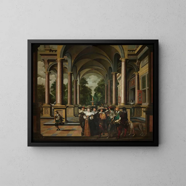 Galerie van een paleis met ornamentale architectuur en zuilen - Dirck van Delen — ingelijst kunstwerk aan de muur
