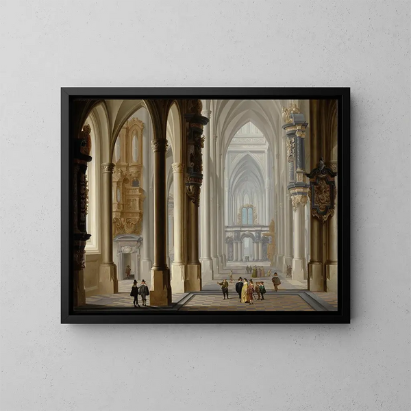 Interieur van een gotische kerk - Dirck van Delen — ingelijst kunstwerk aan de muur