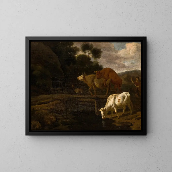 Vaches sur un pont piétonnier - Dirck van Bergen — ingelijst kunstwerk aan de muur