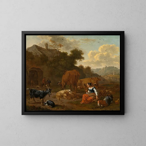 Landschap met een spinster en vee - Dirck van Bergen — ingelijst kunstwerk aan de muur
