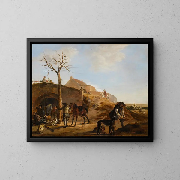 Een landschap met jagers die de jacht voorbereiden met hun honden en paarden - Dirk Stoop — ingelijst kunstwerk aan de muur