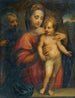 The Holy Family with the Madonna supporting the standing Child Jesus on a stone ledge - Domenico Puligo — artwork view