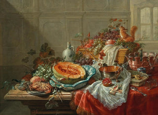 Dominicus Gottfried Waerdigh - Porcelain silver objects fruit and shellfish on a table.webp