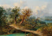 Landschapschilderij met berglandschap en een reiziger op een houten brug - Dominik Schufried — weergave van het kunstwerk