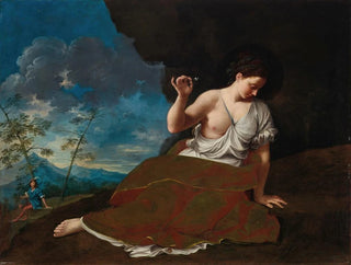 Donato Creti - A young woman holding a flower reclining in a landscape a young man in the distance beyond.webp
