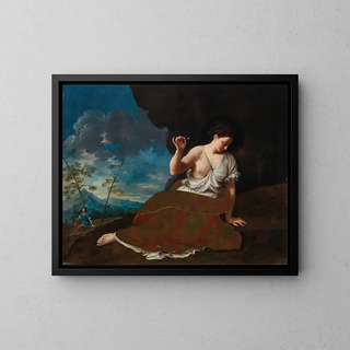 Donato Creti - A young woman holding a flower reclining in a landscape a young man in the distance beyond.webp
