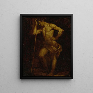Donato Creti - Nude academic sketch of a man holding a staff en brunaille.webp