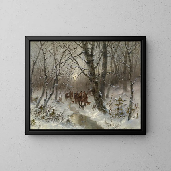Jager in het winterbos - Désiré Thomassin — ingelijst kunstwerk aan de muur