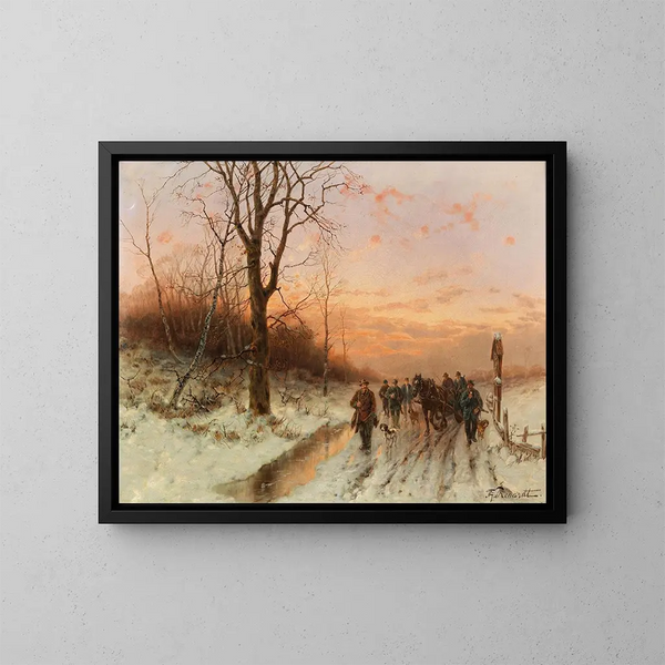 Retour de la chasse au coucher du soleil - Désiré Thomassin — ingelijst kunstwerk aan de muur