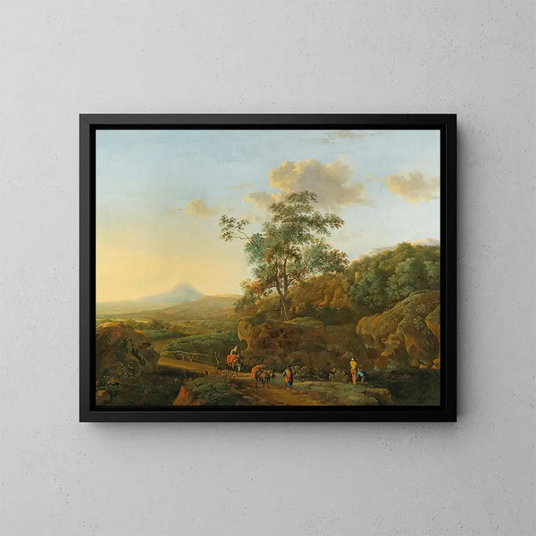 Een Italiaans landschap met reizigers - Nederlandse School — ingelijst kunstwerk aan de muur