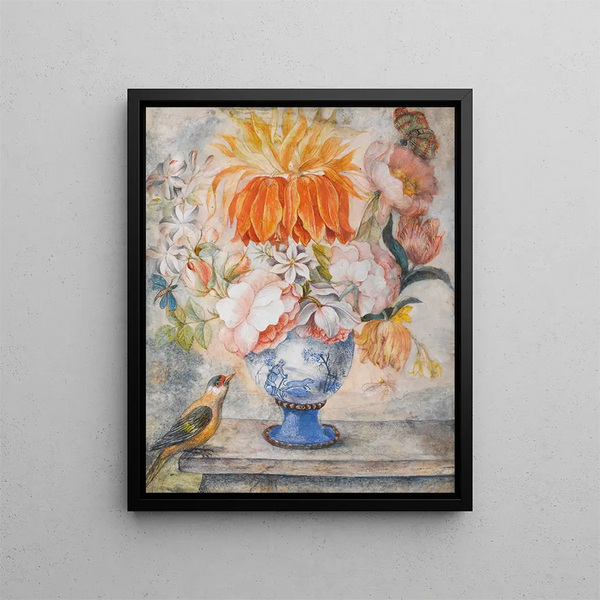 Dutch School - Still Life Of Flowers In A Blue Decorative Vase With A Bird Perched Beside On A Ledge.webp