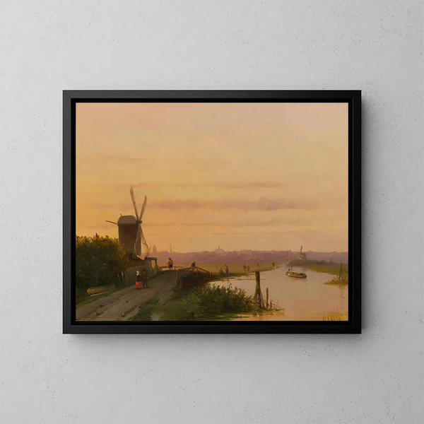 Zonsondergang boven een Nederlandse stad - Nederlandse School — ingelijst kunstwerk aan de muur