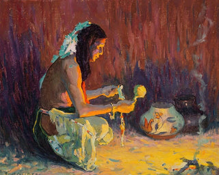 Guerrier indien à genoux devant le feu - Eanger Irving Couse — weergave van het kunstwerk
