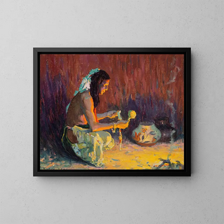 Guerrier indien à genoux devant le feu - Eanger Irving Couse — ingelijst kunstwerk aan de muur