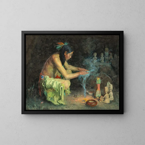 Heiligdom van de regen goden - Eanger Irving Couse — ingelijst kunstwerk aan de muur