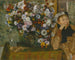 van een vrouw zittend naast een vaas bloemen - Edgar Degas — weergave van het kunstwerk