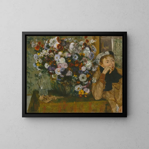 van een vrouw zittend naast een vaas bloemen - Edgar Degas — ingelijst kunstwerk aan de muur