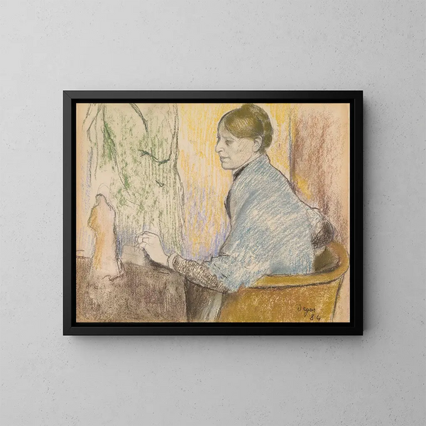 Madame Henri Rouart in een fauteuil voor een kleine tafel met een Tanagra-beeldje - Edgar Degas — ingelijst kunstwerk aan de muur