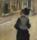 Vrouw gezien van achter, bezoek aan een museum - Edgar Degas — weergave van het kunstwerk