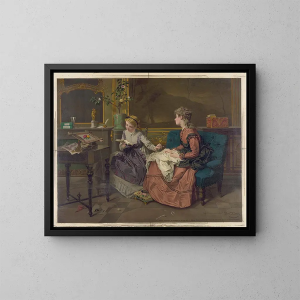 Twee meisjes, de ene lezend, de andere naaiend - Edmund Foerster Co — ingelijst kunstwerk aan de muur