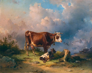 Edmund Mahlknecht - A Cow with a Calf in an Alpine Pasture in the Background the Dachstein massif.webp