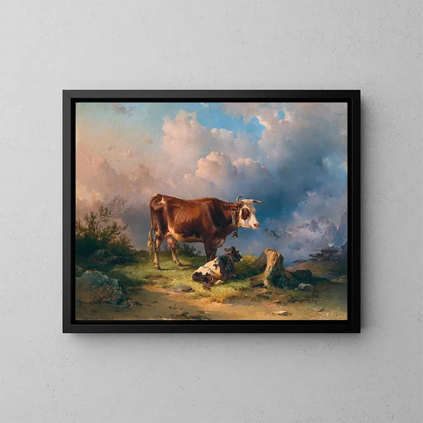 Een koe met kalf in een alpien weiland met op de achtergrond het Dachstein-massief - Edmund Mahlknecht — ingelijst kunstwerk aan de muur