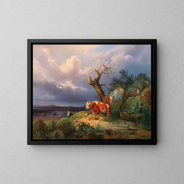 Een herderin met twee koeien in een uitgestrekt landschap - Edmund Mahlknecht — ingelijst kunstwerk aan de muur