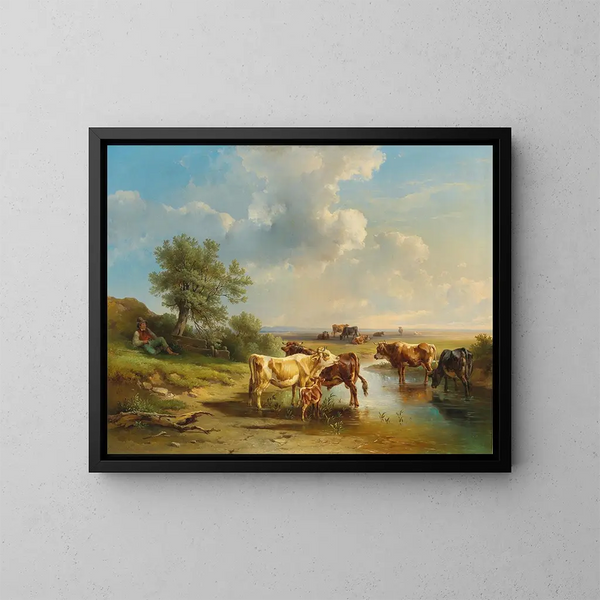 Bergère met een kudde koeien aan de rand van de beek - Edmund Mahlknecht — ingelijst kunstwerk aan de muur