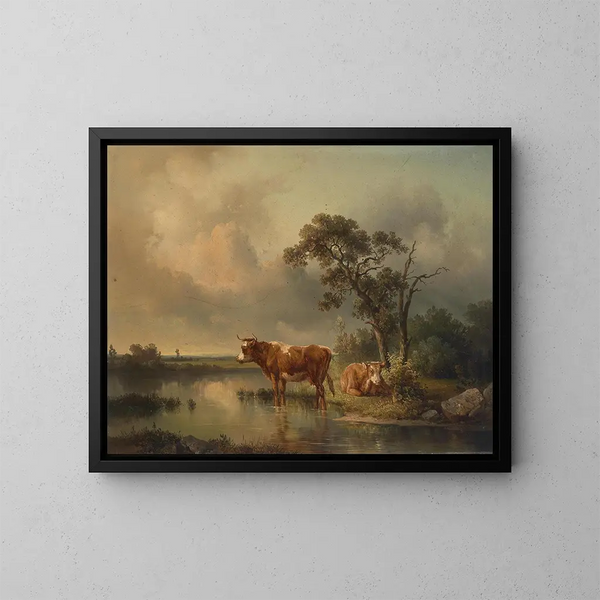 Rastende Khe au Weiher 1854 - Edmund Mahlknecht — ingelijst kunstwerk aan de muur