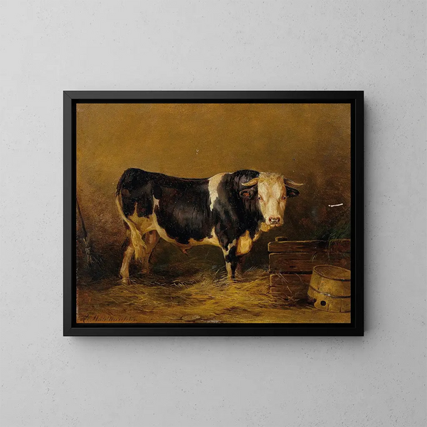 Stier in de stal - Edmund Mahlknecht — ingelijst kunstwerk aan de muur