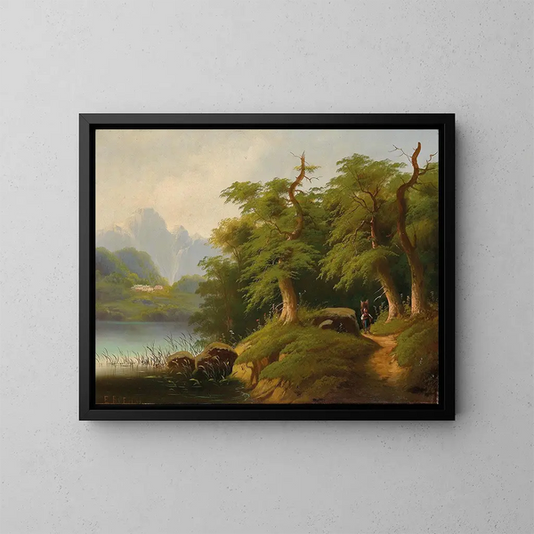 Meer met bergen en menselijke figuren - Eduard Böhm — ingelijst kunstwerk aan de muur