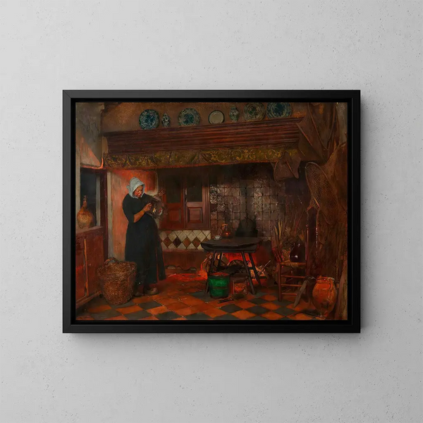 Hollandse keukeninterieur schilderij - Eduard Charlemont — ingelijst kunstwerk aan de muur