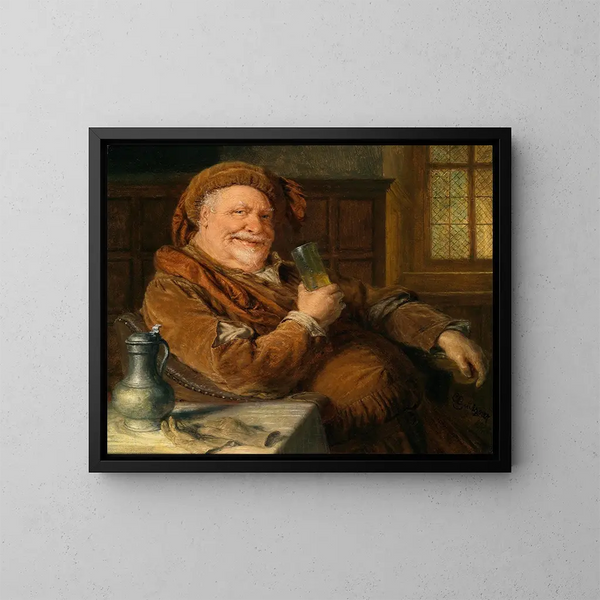 Falstaff met een tinnen kruik en een glas wijn - Eduard von Grützner — ingelijst kunstwerk aan de muur
