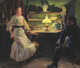 Edvard Weie - Interir med lampelys og to figurer.webp