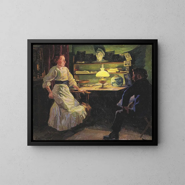 binnenkant met lamplicht en twee figuren - Edvard Weie — ingelijst kunstwerk aan de muur