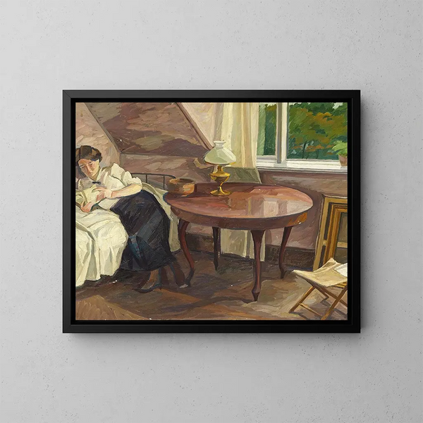 Binnenlands schilderij met vrouw die leest - Edvard Weie — ingelijst kunstwerk aan de muur