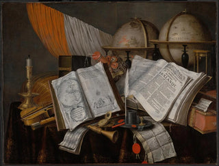 Edwaert Collier - A Vanitas Still Life with a Flag Candlestick Musical Instruments Books Writing Paraphernalia Globes and Hourglass.webp