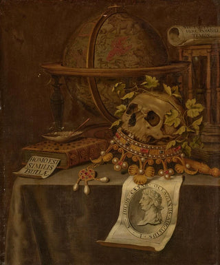 Edwaert Collier - A skull atop a jewelled crown an astrological globe an hourglass a book a shell with soap bubbles and an engraved portrait of the Emperor Augustus on a draped table.webp